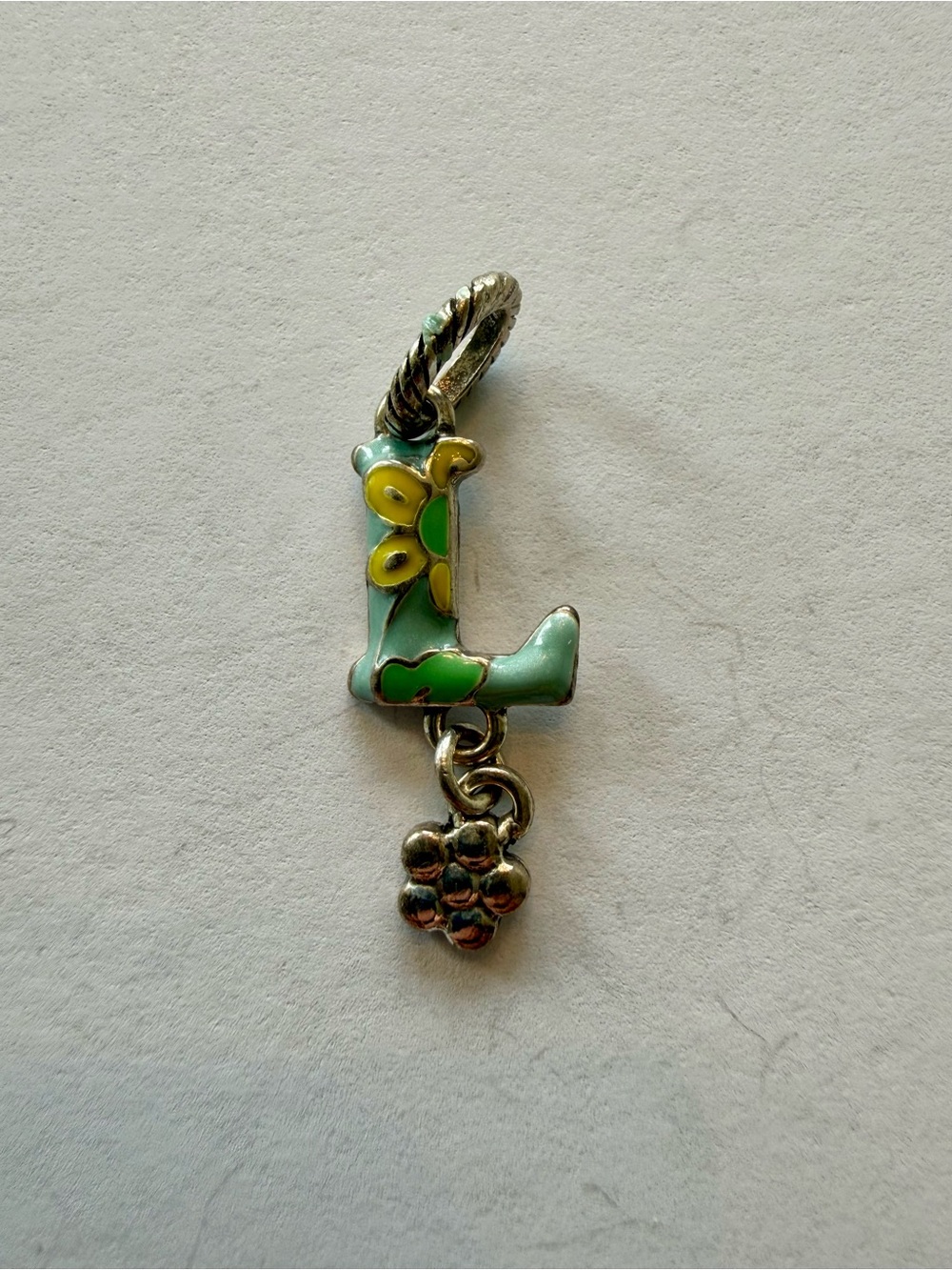 Brighton Green Enamel 'L' Charm with Yellow Flower Accent
